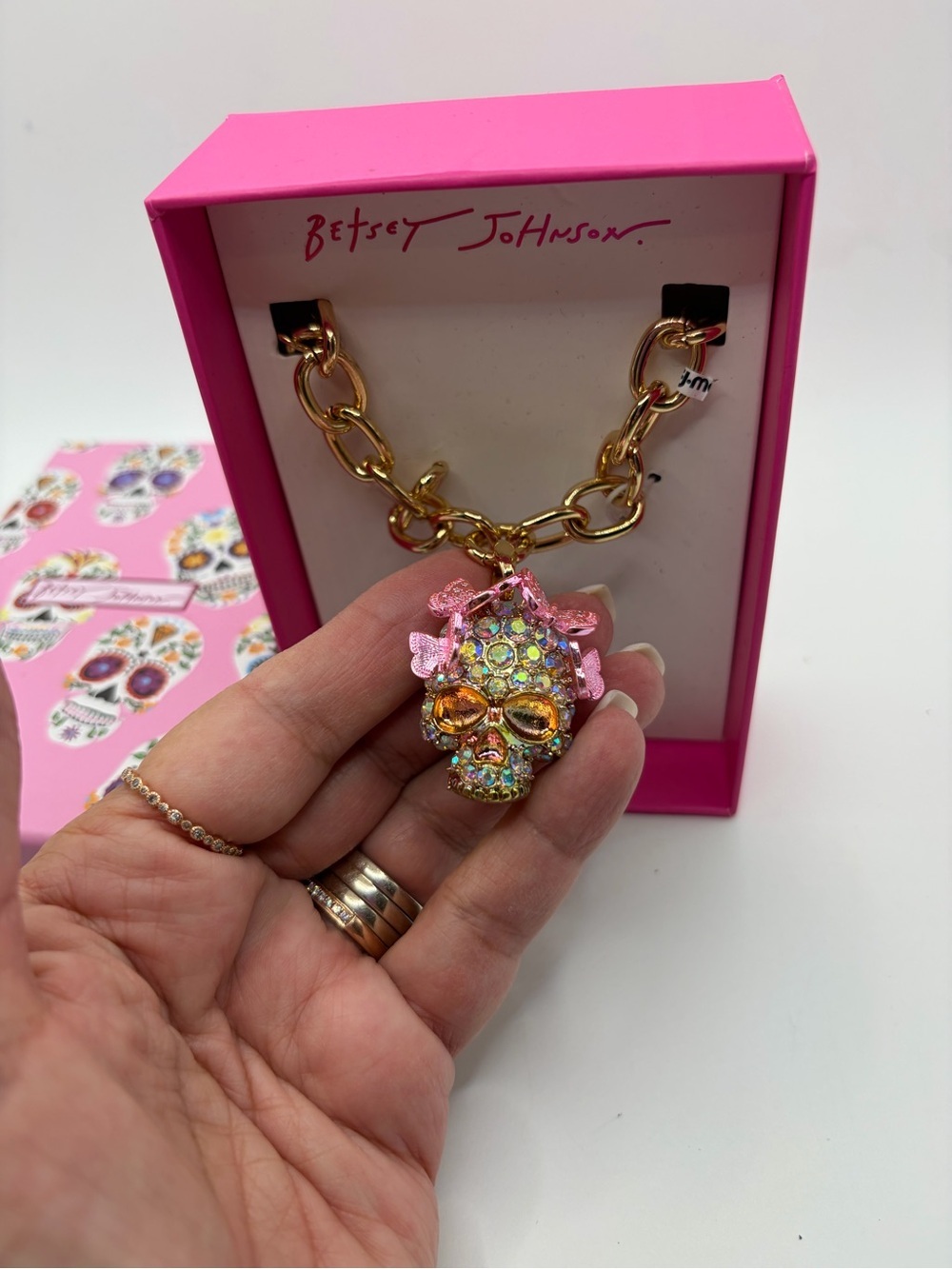 Betsey Johnson Gold Chain Pink Multicolor Crystal Skull Pendant Necklace